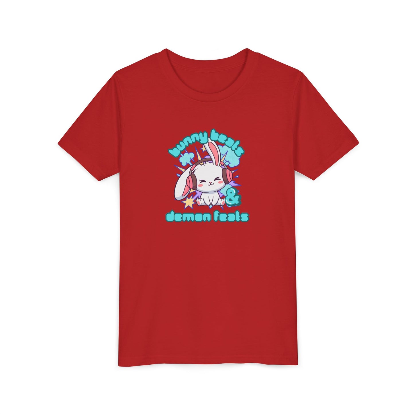 Cute Easter Bunny Headphones Graphic Tee for Young Adults- "Bunny Beats and Demon Feats" Anime K-pop Shirt