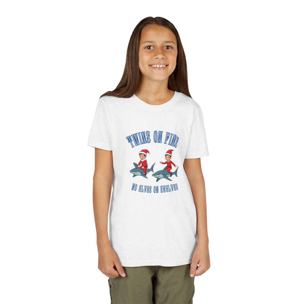 Twins on Fins- Shark Graphic Shirt- Elves on Shelves Parody