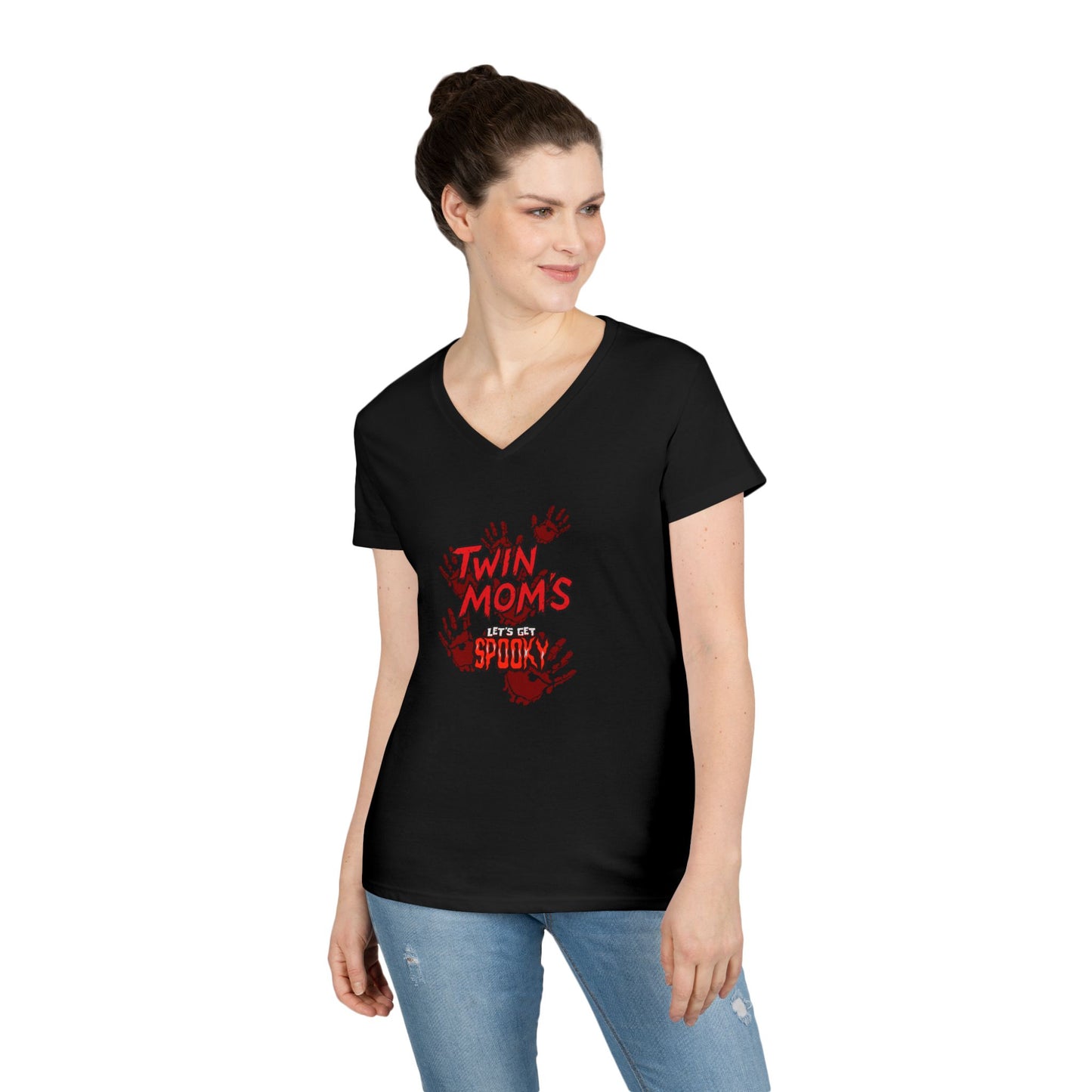 Twin Moms Get Spooky V-Neck Tee — Halloween Graphic T-Shirt for Twin Moms
