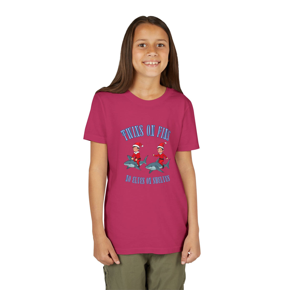 Twins on Fins- Shark Graphic Shirt- Elves on Shelves Parody