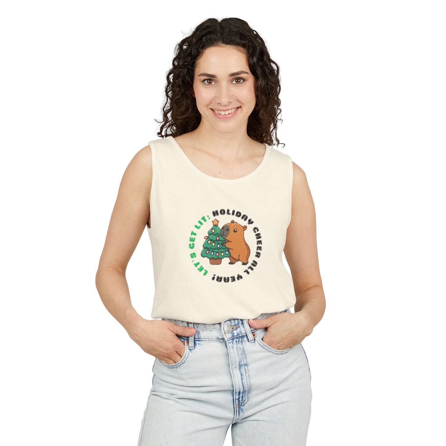 Unisex Holiday Cheer Tank Top — "Get Lit" Christmas Tree & Capybara Graphic