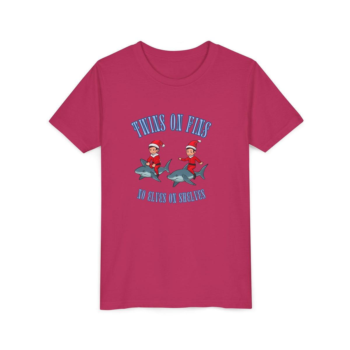 Twins on Fins- Shark Graphic Shirt- Elves on Shelves Parody