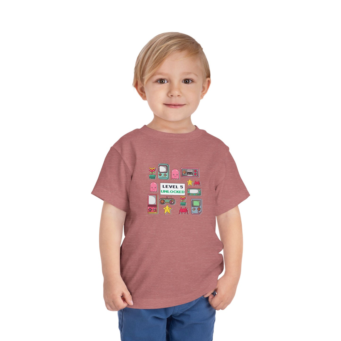 5th Birthday Tee — "Level 5 Unlocked" Retro Game Icons