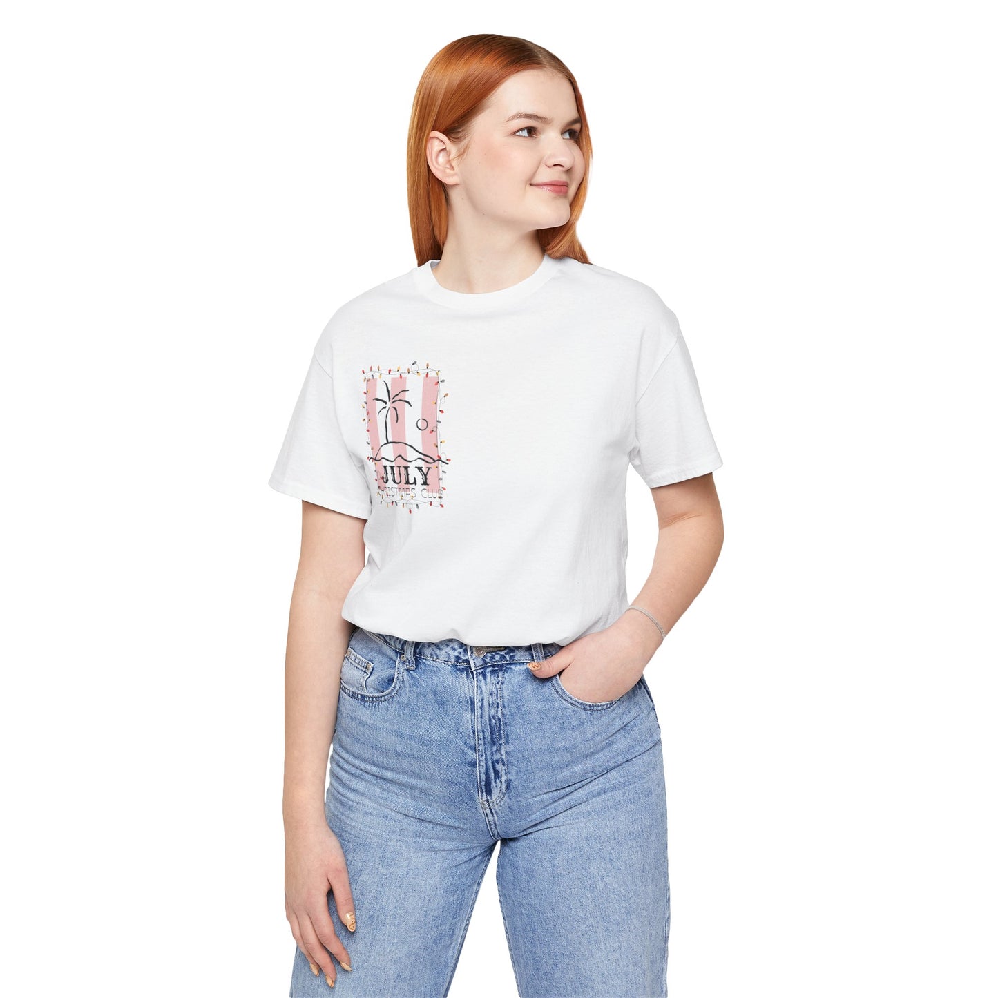 July Christmas Club — Tropical Palm & Holiday Lights Beach Shirt- FRONT AND BACK DESIGN