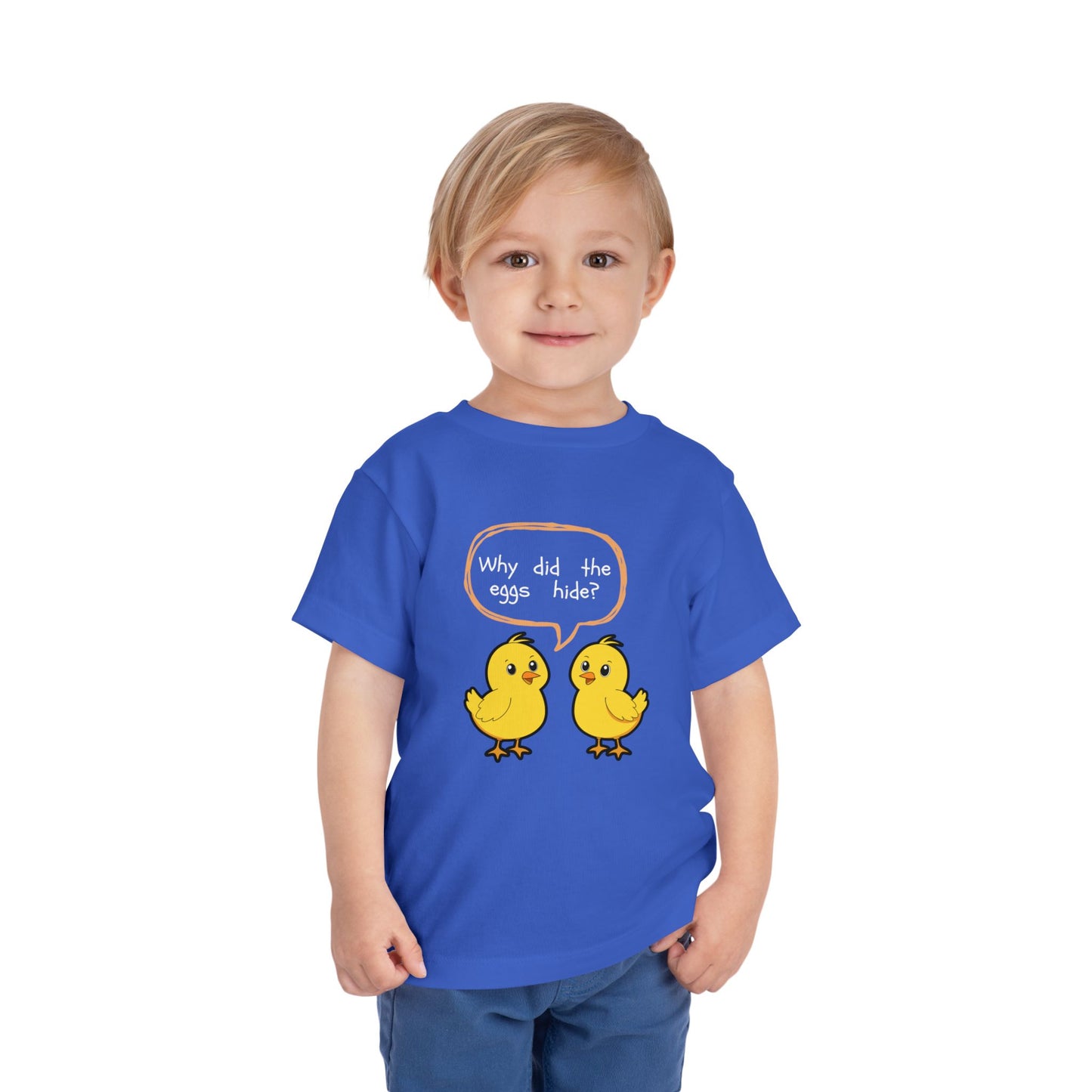 Toddler Tee — Cute Chick Joke “Why did the eggs hide?” Easter Kids Shirt