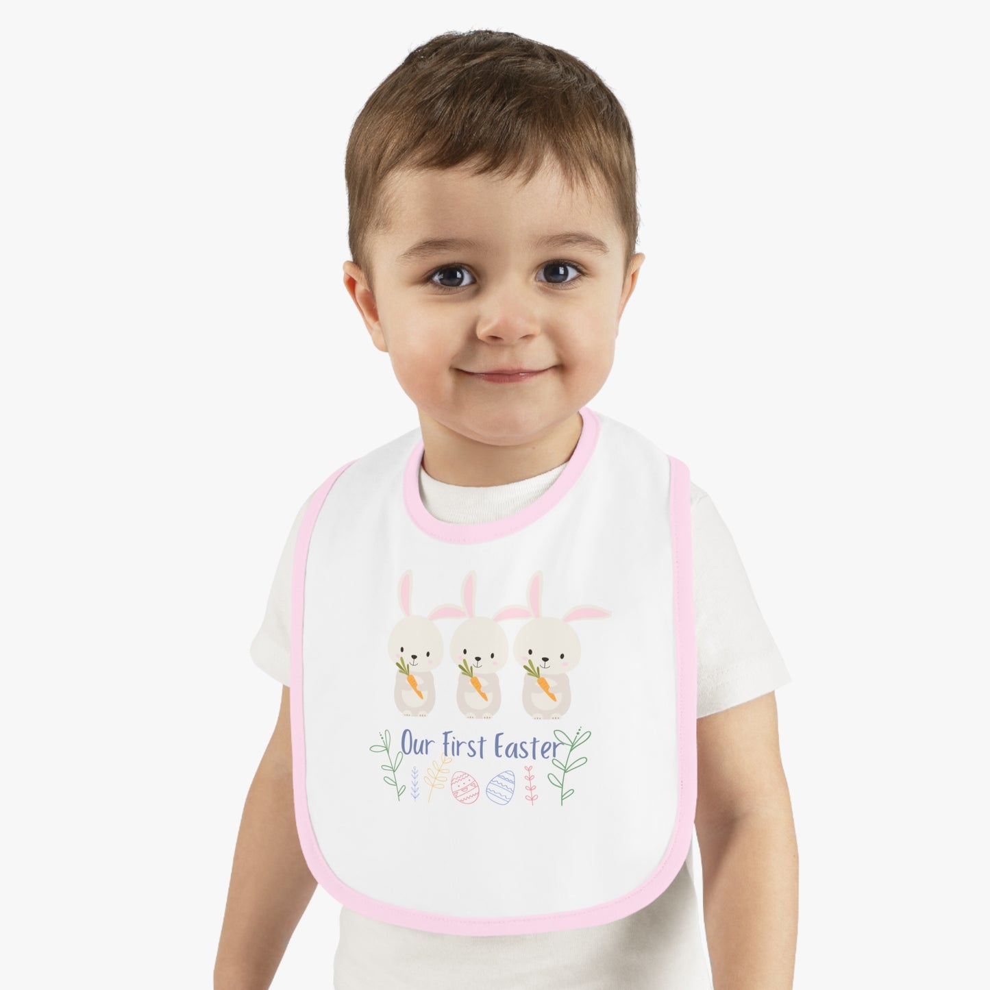 Our First Easter Triplet Baby Bib - Adorable Contrast Trim Jersey Bib for Special Celebrations