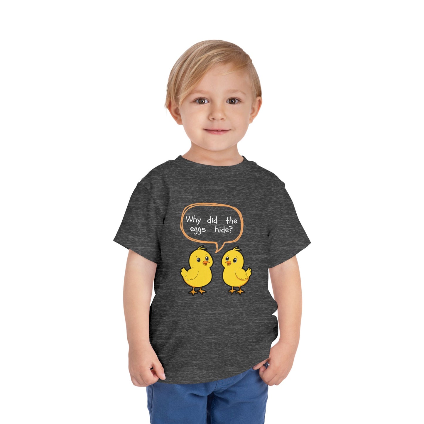 Toddler Tee — Cute Chick Joke “Why did the eggs hide?” Easter Kids Shirt