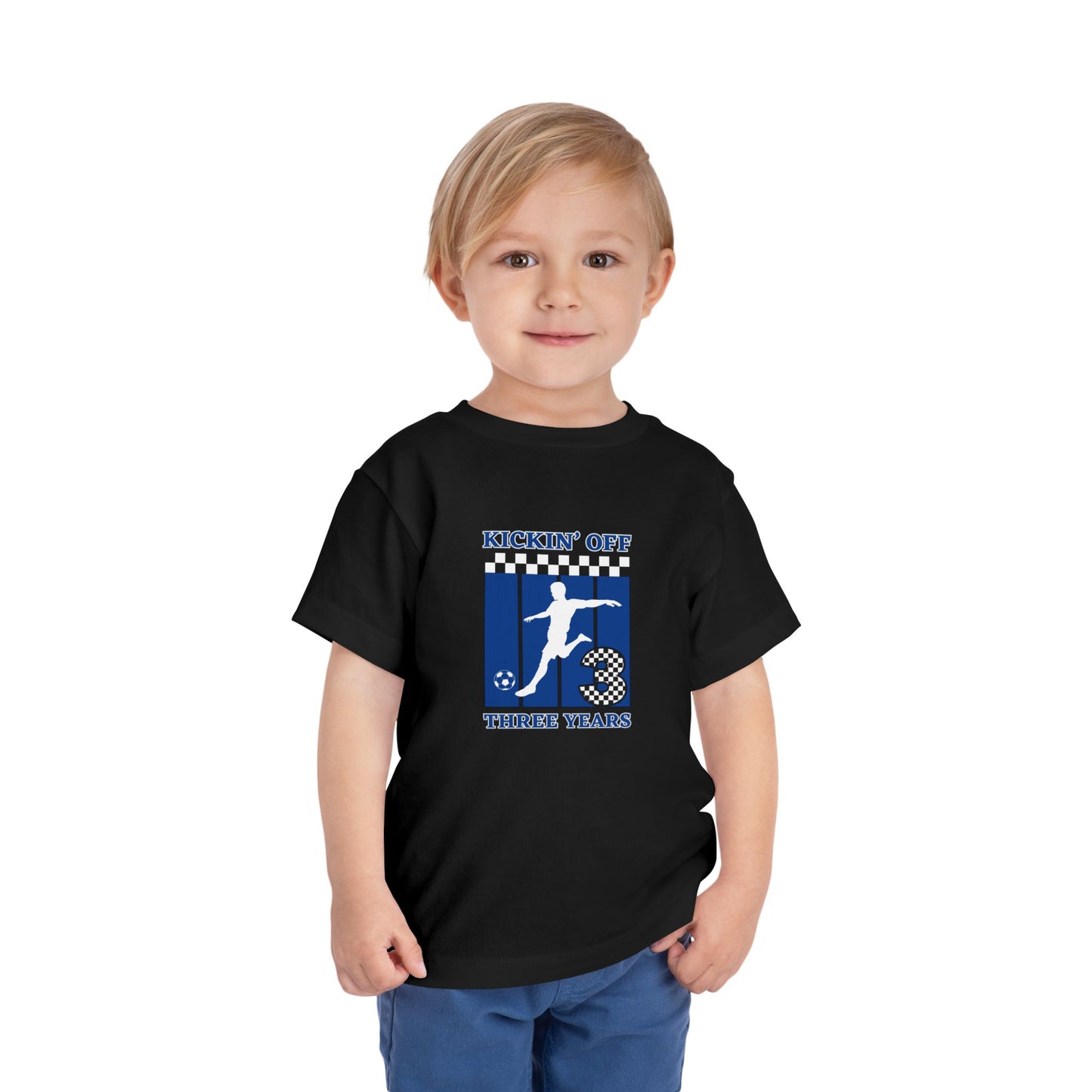Kickin' Off Three Years Toddler Boy Tee — Soccer Third Birthday Shirt