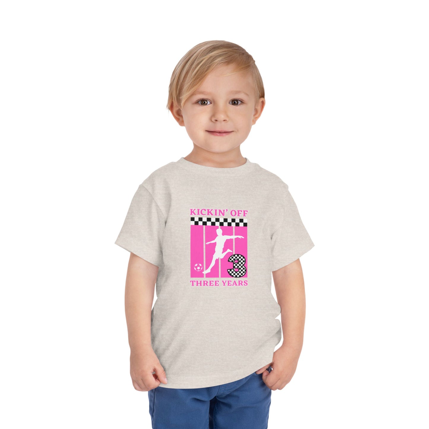 Toddler Girls Soccer Third Birthday Tee — "Kickin' Off Three Years" Pink