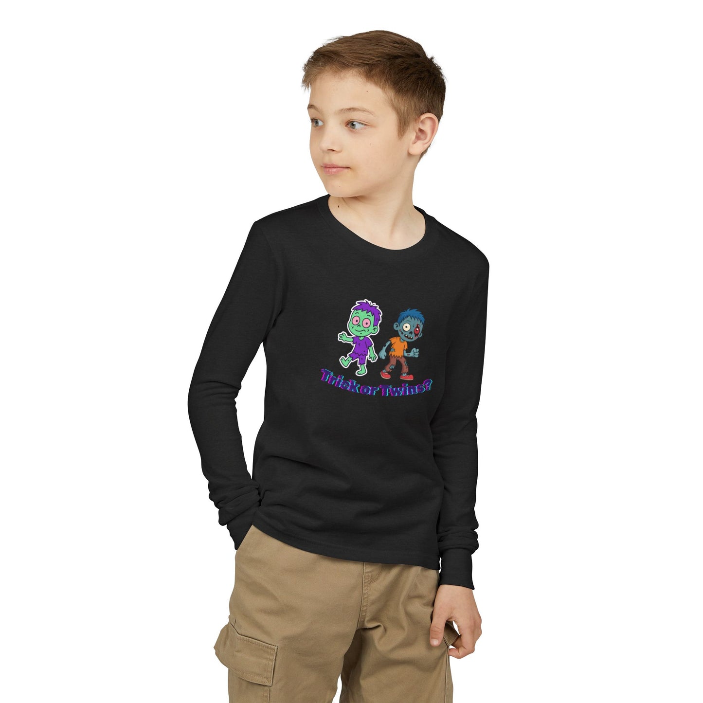 Youth Long Sleeve Tee — "Trick or Twins?" Cute Halloween Twin Zombie Graphic