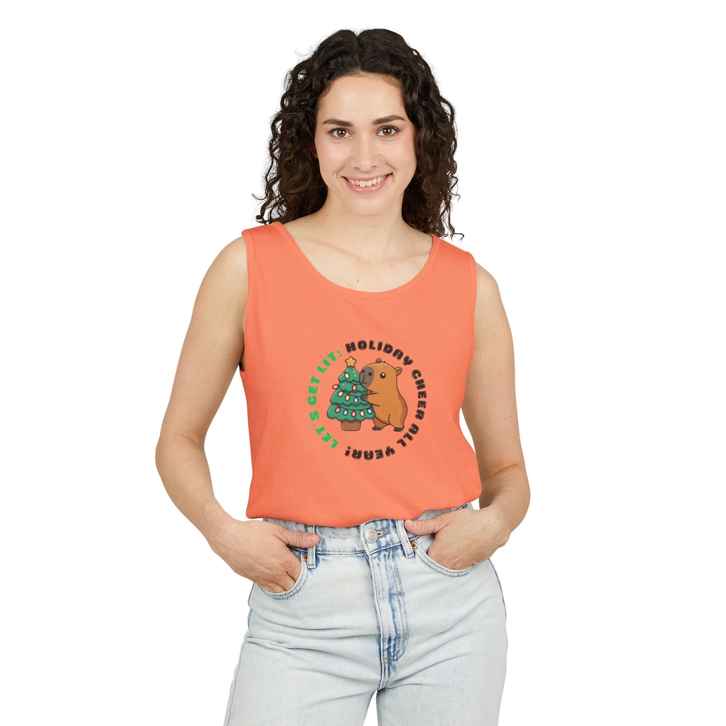 Unisex Holiday Cheer Tank Top — "Get Lit" Christmas Tree & Capybara Graphic