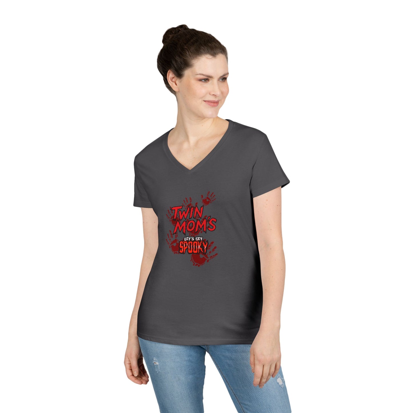 Twin Moms Get Spooky V-Neck Tee — Halloween Graphic T-Shirt for Twin Moms