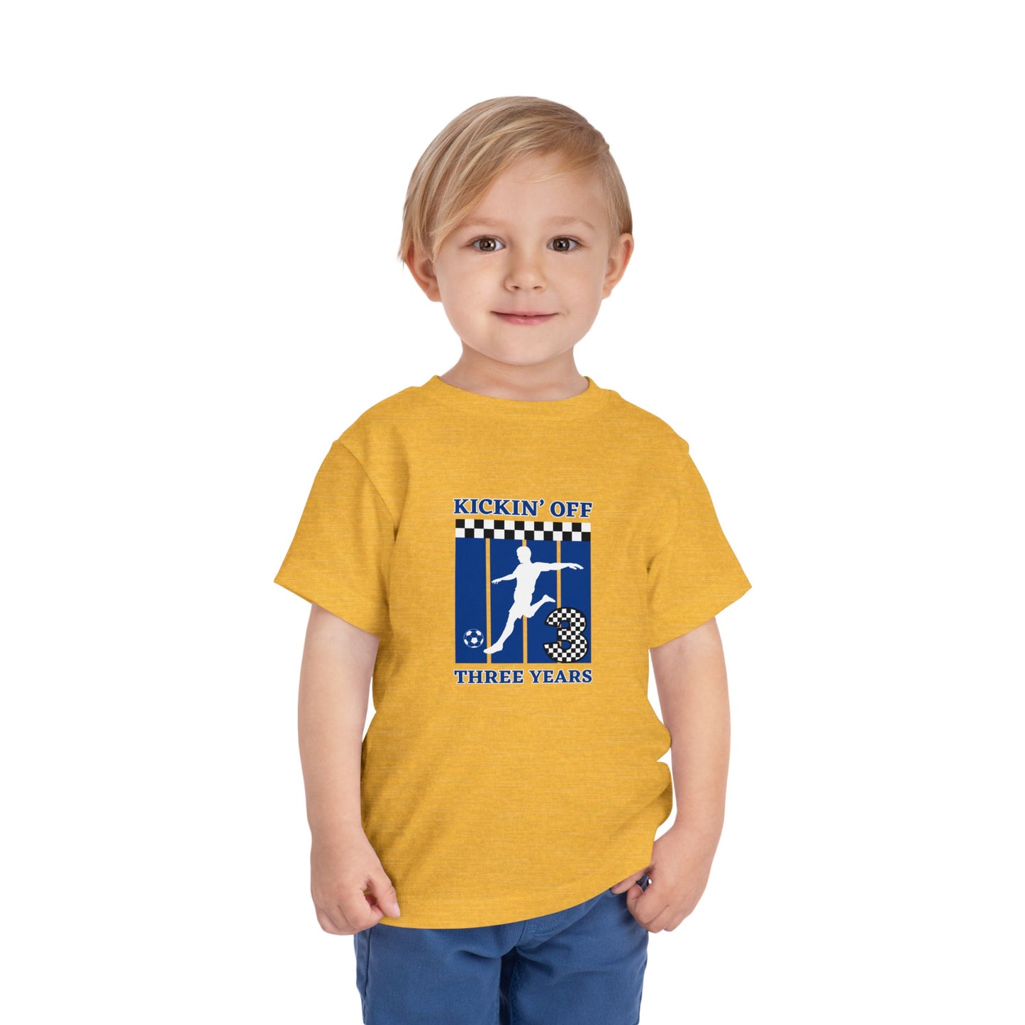 Kickin' Off Three Years Toddler Boy Tee — Soccer Third Birthday Shirt