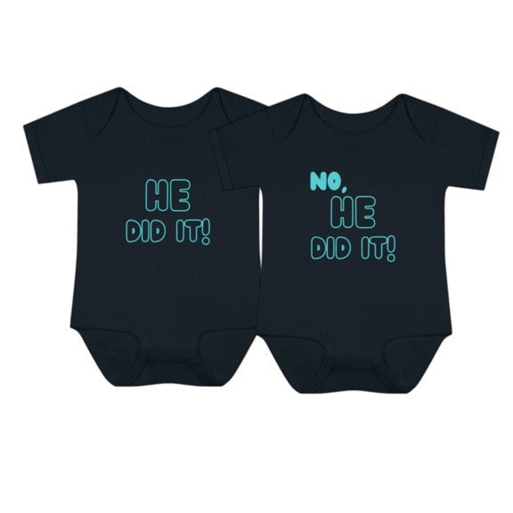 He Did It! No, He Did It! Funny Joke Set (2 Bodysuits) for Twin Boys